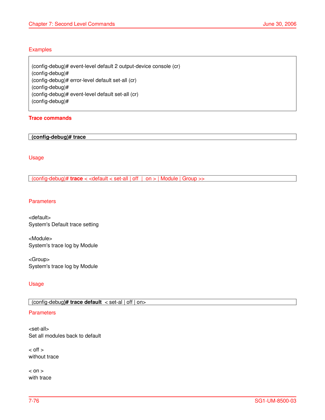 ADC SG-1 user manual Trace commands, Config-debug# trace 