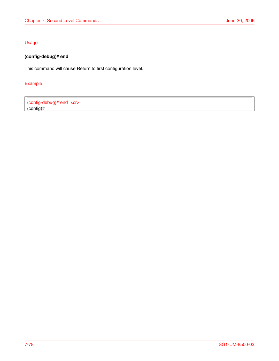 ADC SG-1 user manual Second Level Commands June 30 Usage, Example Config-debug# end cr config# SG1-UM-8500-03 