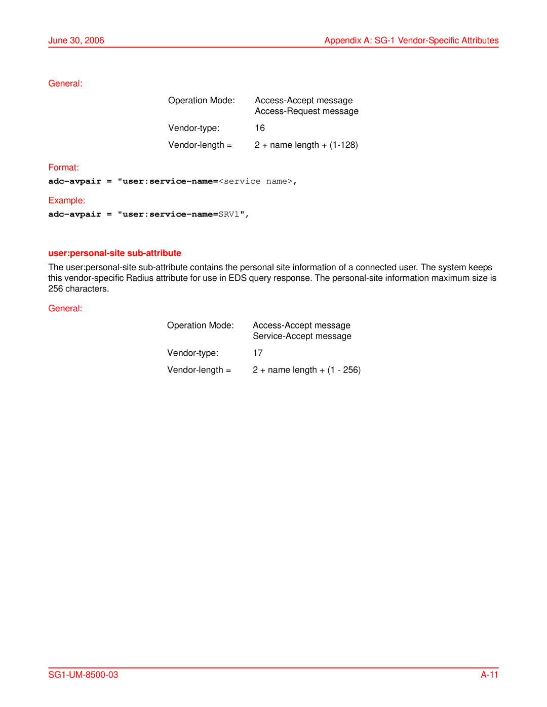 ADC SG-1 Adc-avpair = userservice-name=service name, Adc-avpair = userservice-name=SRV1, Userpersonal-site sub-attribute 