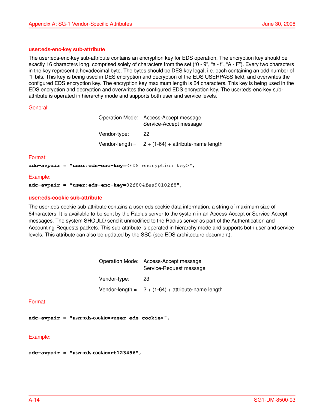 ADC SG-1 user manual Adc-avpair = usereds-enc-key=EDS encryption key, Adc-avpair = usereds-enc-key=02f804fea90102f8 