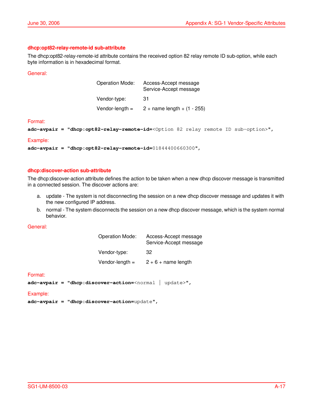 ADC SG-1 user manual Dhcpopt82-relay-remote-id sub-attribute, Adc-avpair = dhcpopt82-relay-remote-id=01844400660300 