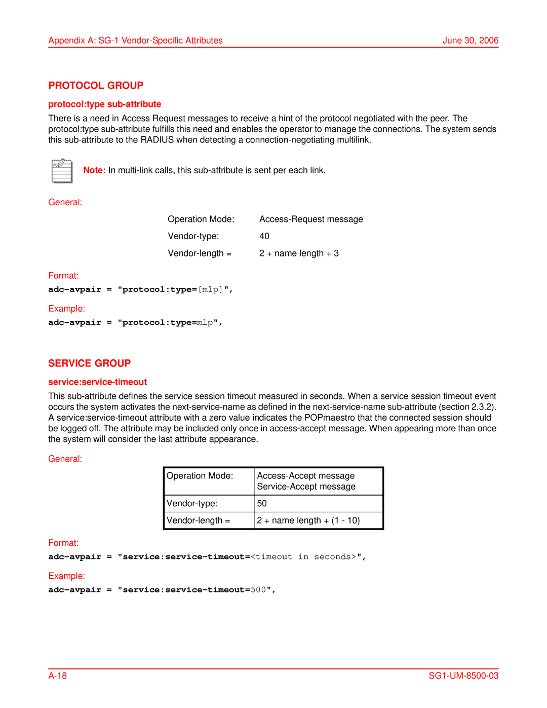 ADC SG-1 user manual Protocol Group, Service Group, Adc-avpair = protocoltype=mlp, Adc-avpair = serviceservice-timeout=500 