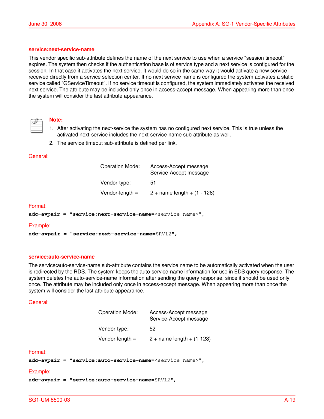 ADC SG-1 user manual Adc-avpair = servicenext-service-name=service name, Adc-avpair = servicenext-service-name=SRV12 