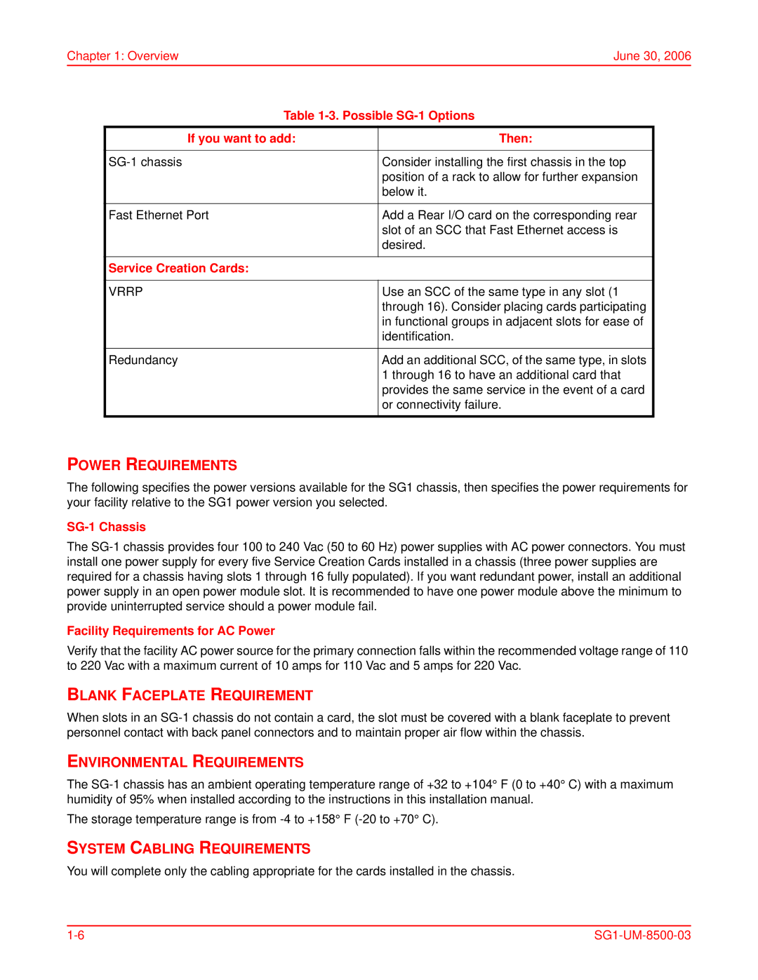 ADC SG-1 Power Requirements, Blank Faceplate Requirement, Environmental Requirements, System Cabling Requirements 