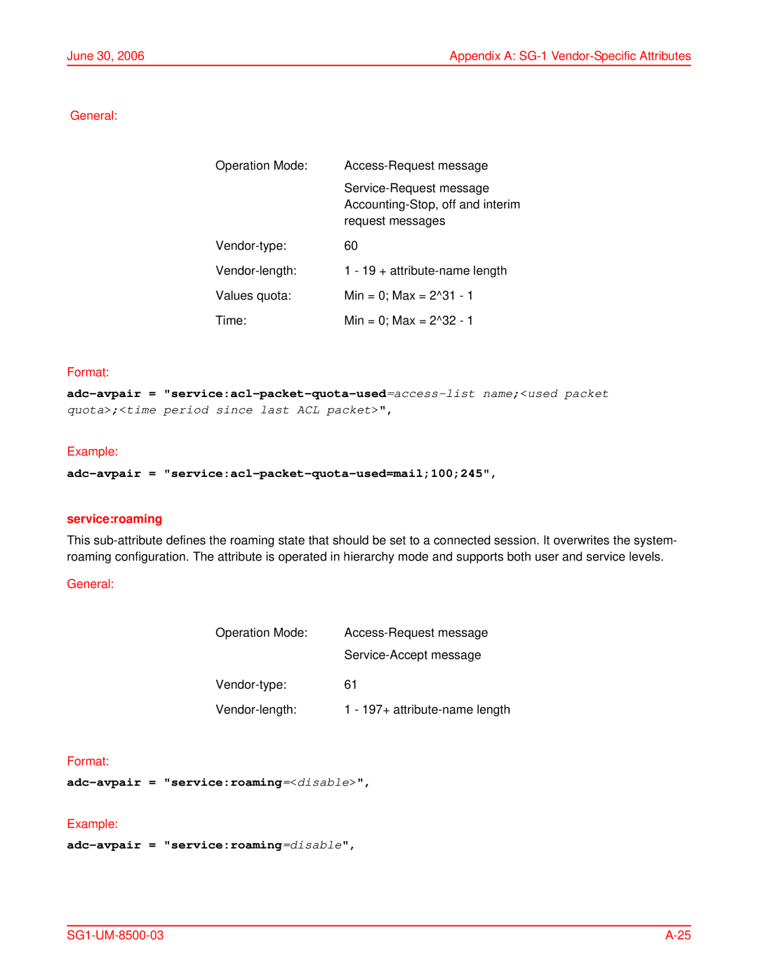 ADC SG-1 Adc-avpair = serviceacl-packet-quota-used=mail100245, Serviceroaming, Adc-avpair = serviceroaming=disable 