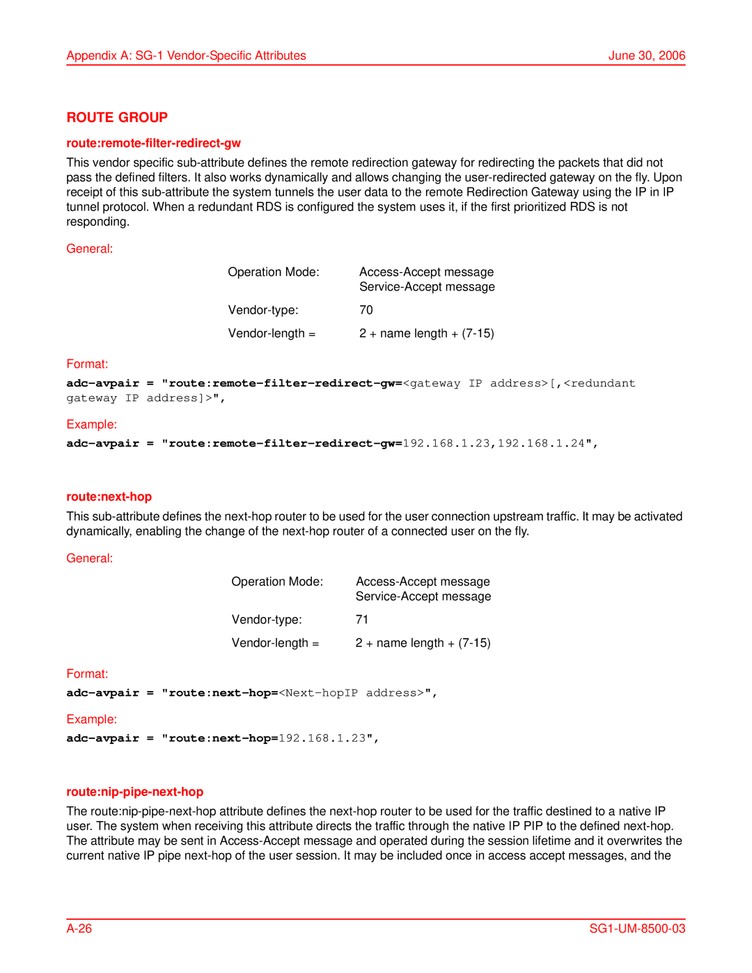 ADC SG-1 user manual Route Group, Adc-avpair = routenext-hop=Next-hopIP address, Adc-avpair = routenext-hop=192.168.1.23 