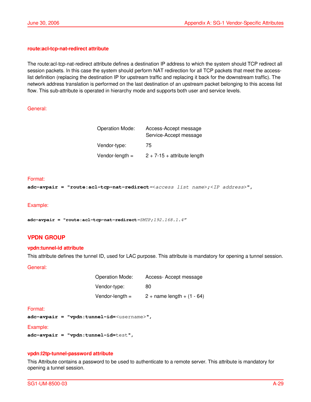 ADC SG-1 user manual Vpdn Group, Adc-avpair = vpdntunnel-id=username, Adc-avpair = vpdntunnel-id=test 