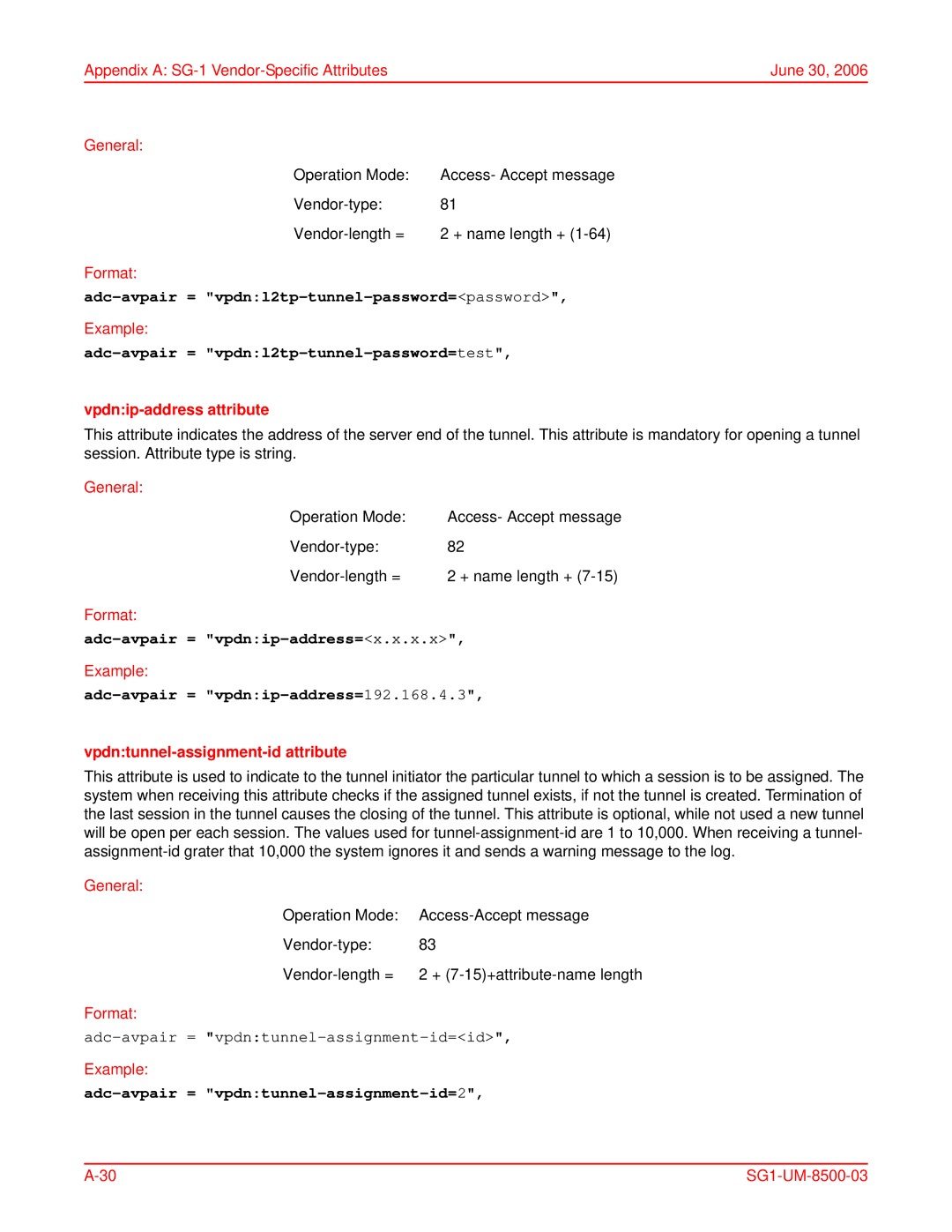 ADC SG-1 user manual Adc-avpair = vpdnl2tp-tunnel-password=password, Adc-avpair = vpdnl2tp-tunnel-password=test 