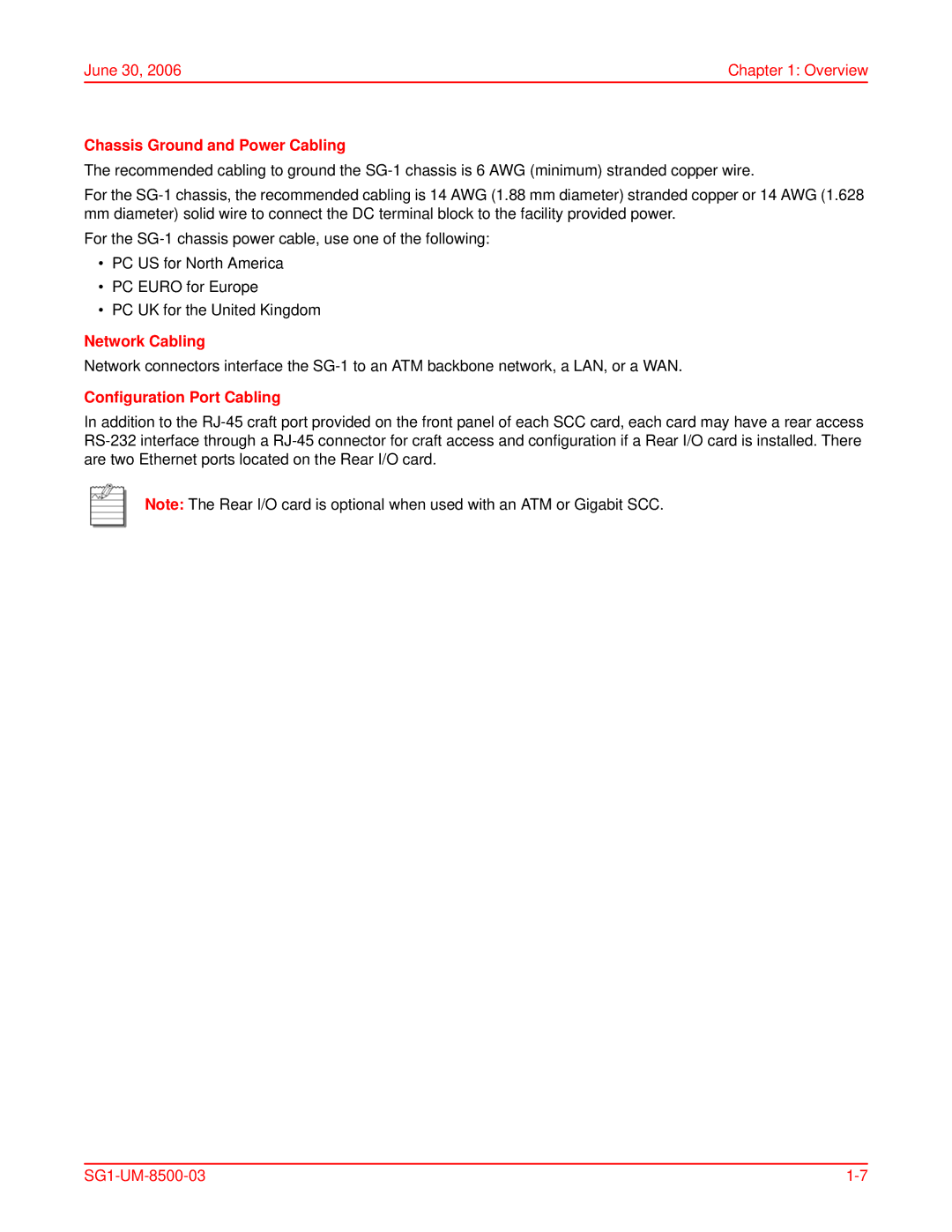 ADC SG-1 user manual Chassis Ground and Power Cabling, Network Cabling, Configuration Port Cabling 