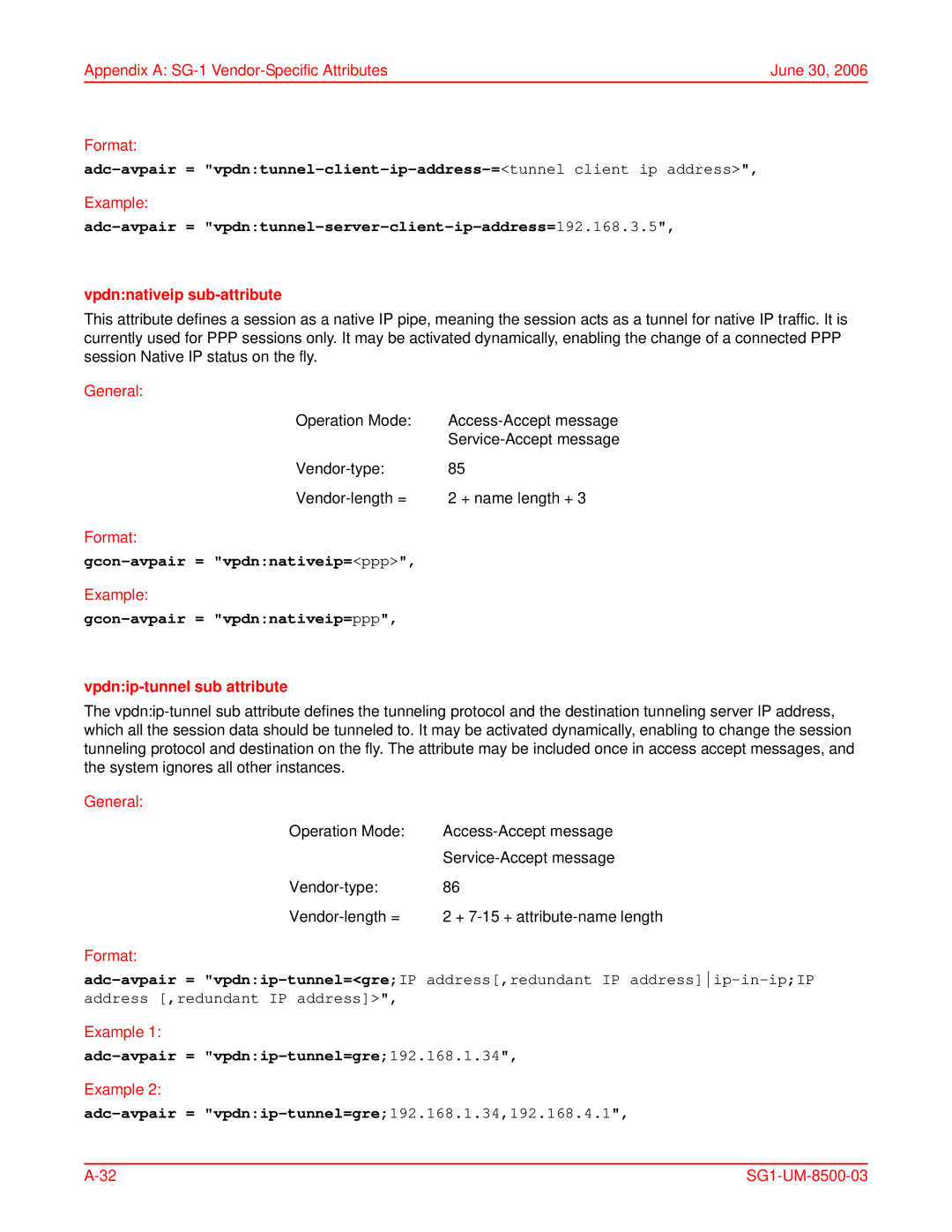 ADC SG-1 user manual Vpdnnativeip sub-attribute, Gcon-avpair = vpdnnativeip=ppp, Vpdnip-tunnel sub attribute 