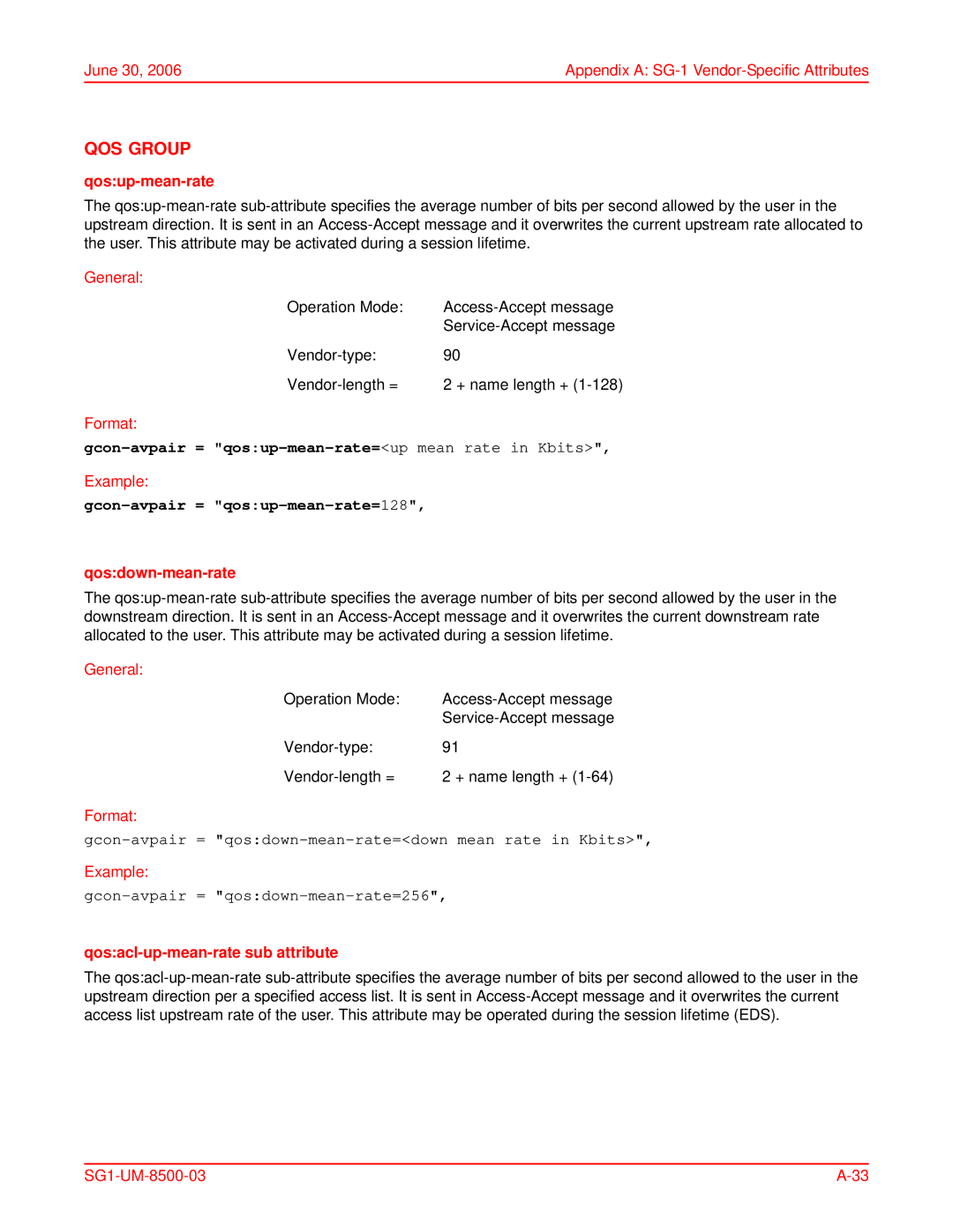 ADC SG-1 user manual QOS Group, Gcon-avpair = qosup-mean-rate=up mean rate in Kbits, Gcon-avpair = qosup-mean-rate=128 