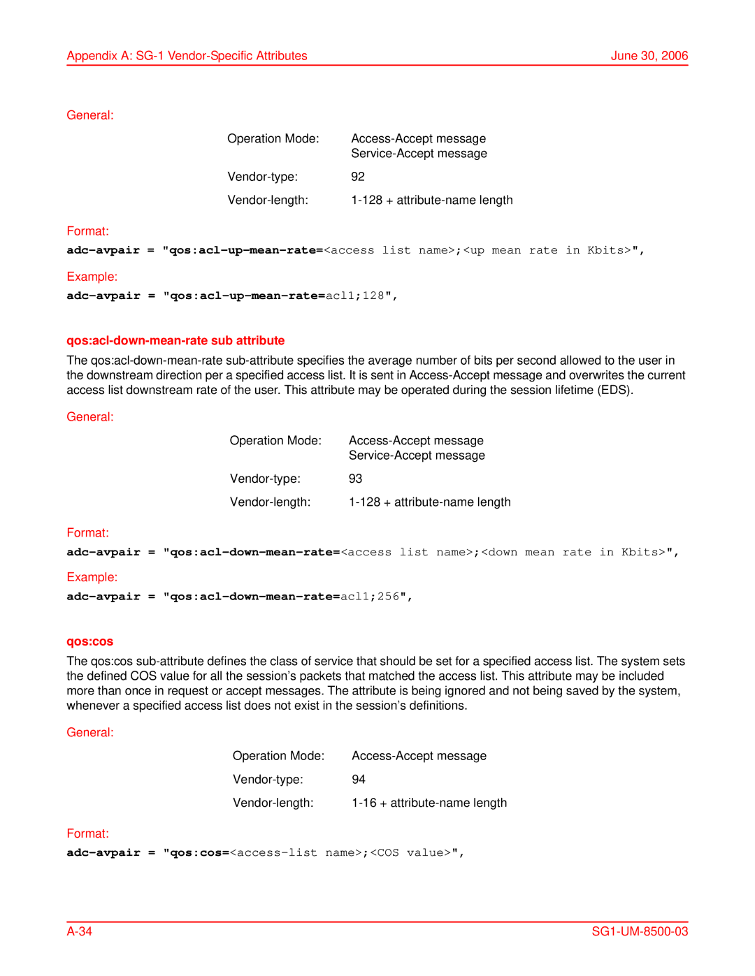 ADC SG-1 user manual Adc-avpair = qosacl-up-mean-rate=acl1128, Qosacl-down-mean-rate sub attribute, Qoscos 