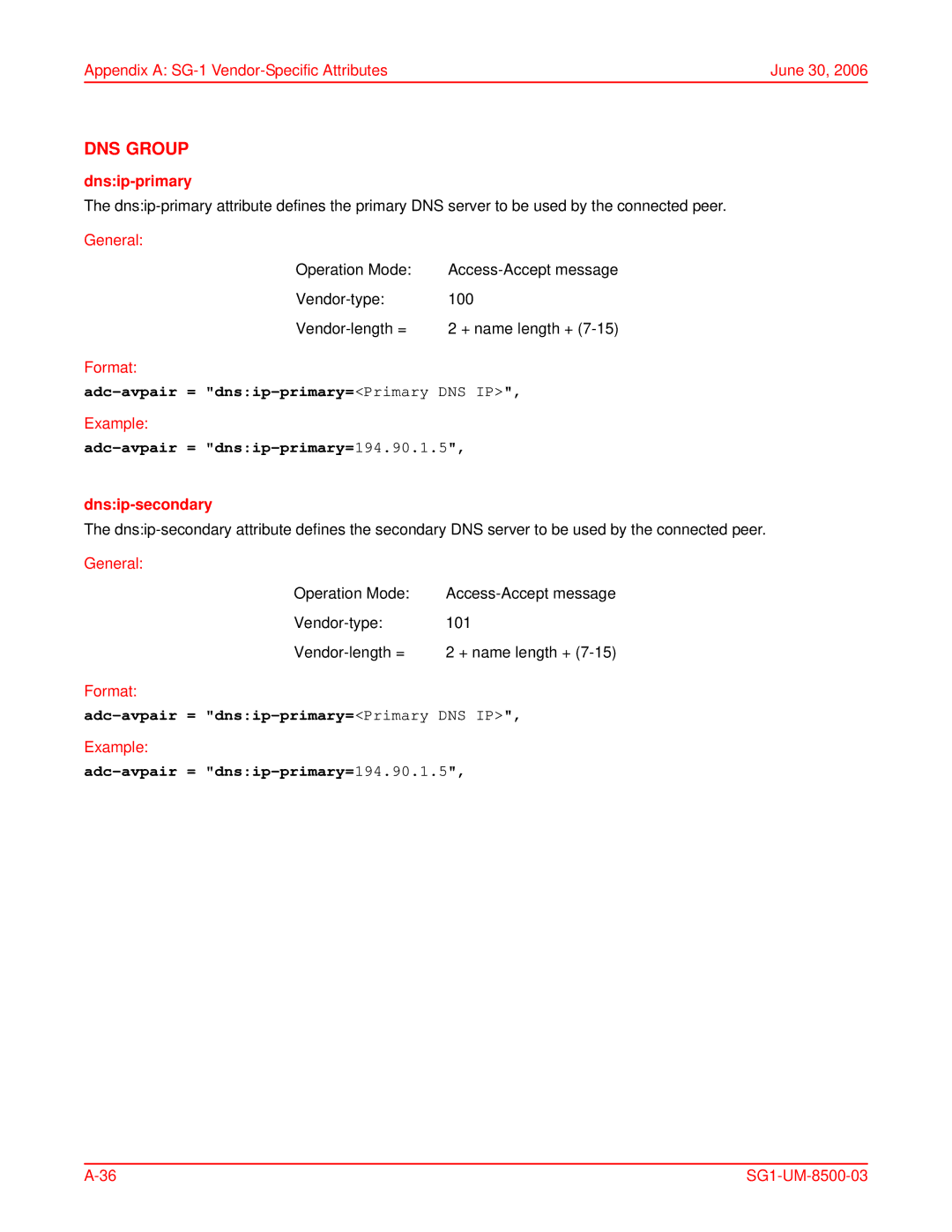 ADC SG-1 DNS Group, Dnsip-primary, Adc-avpair = dnsip-primary=Primary DNS IP, Adc-avpair = dnsip-primary=194.90.1.5 