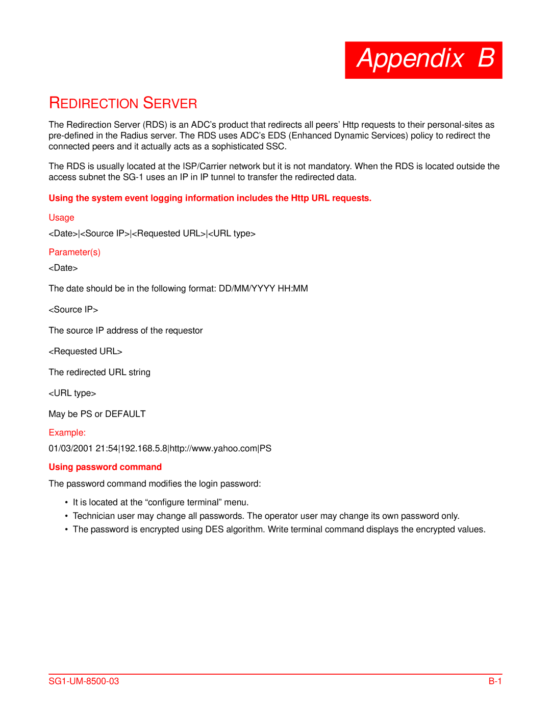 ADC SG-1 user manual Appendix B, Using password command 