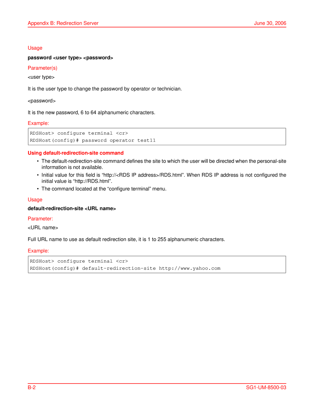 ADC SG-1 user manual Password user type password, Using default-redirection-site command, Default-redirection-site URL name 