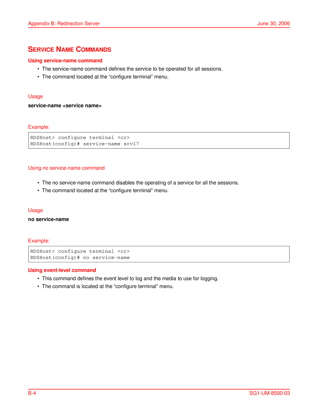 ADC SG-1 user manual Service Name Commands, Using service-name command, Service-name service name, No service-name 