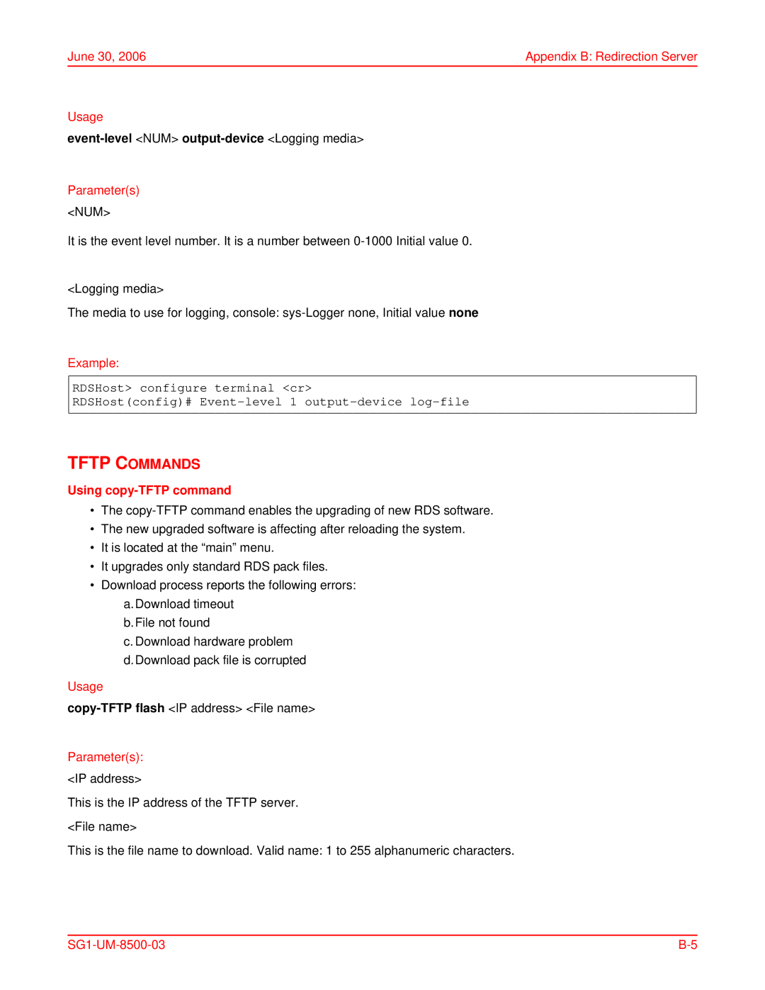 ADC SG-1 Tftp Commands, June 30 Appendix B Redirection Server Usage, Event-level NUM output-device Logging media 