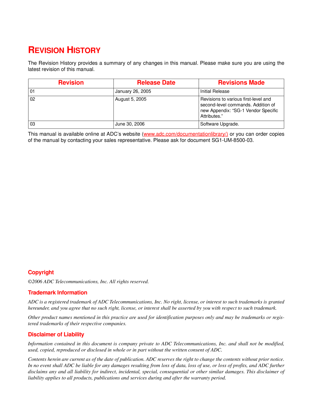 ADC SG-1 user manual Revision History 