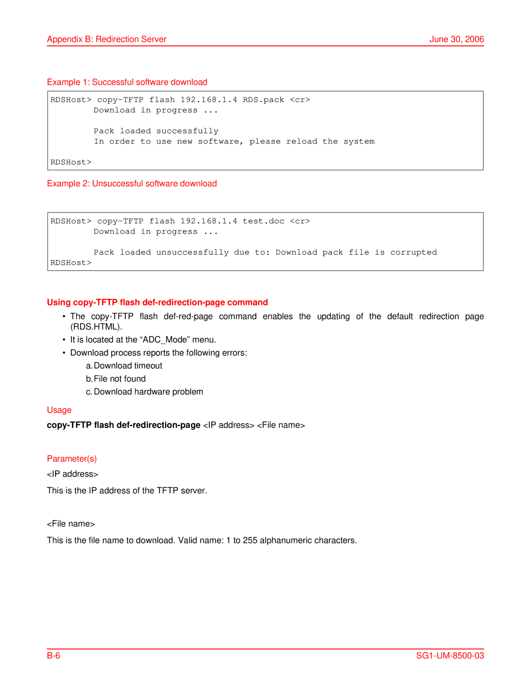 ADC SG-1 user manual Example 2 Unsuccessful software download, Using copy-TFTP flash def-redirection-page command 