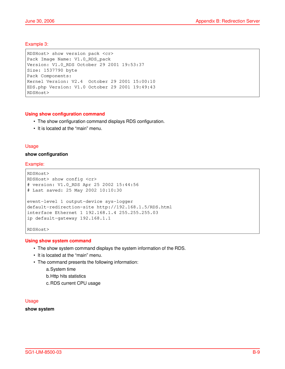 ADC SG-1 June 30 Appendix B Redirection Server Example, Using show configuration command, Show configuration, Show system 