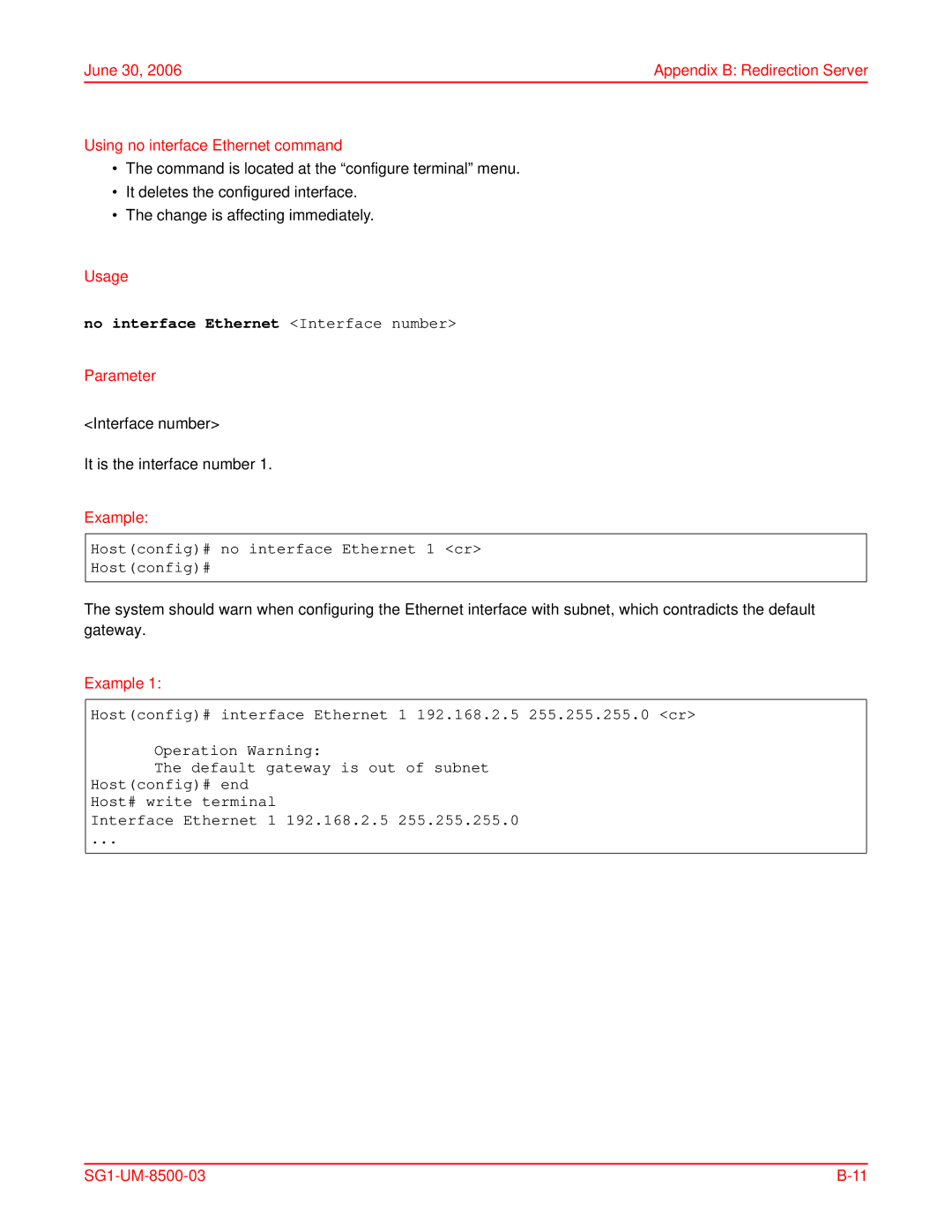 ADC SG-1 user manual No interface Ethernet Interface number, Hostconfig# no interface Ethernet 1 cr 