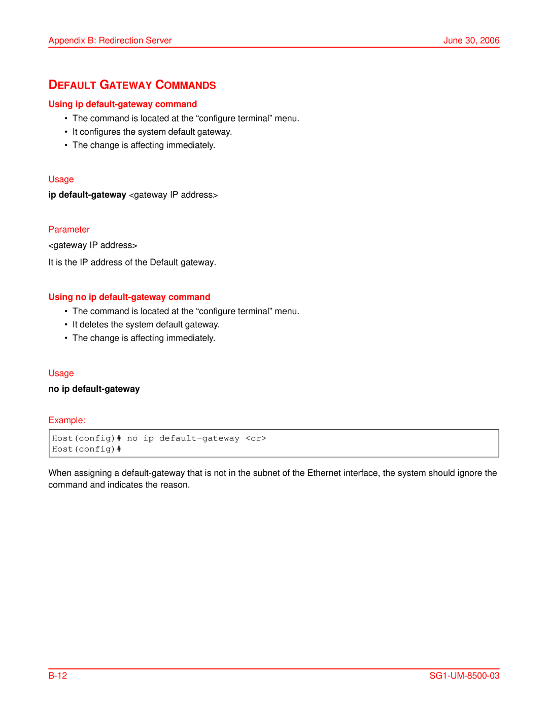 ADC SG-1 user manual Default Gateway Commands, Using ip default-gateway command, Using no ip default-gateway command 