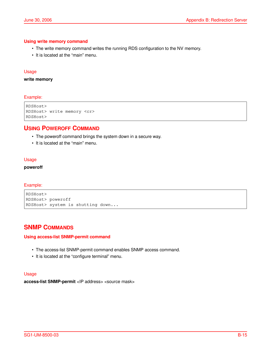 ADC SG-1 Using Poweroff Command, Using write memory command, Write memory, Using access-list SNMP-permit command 