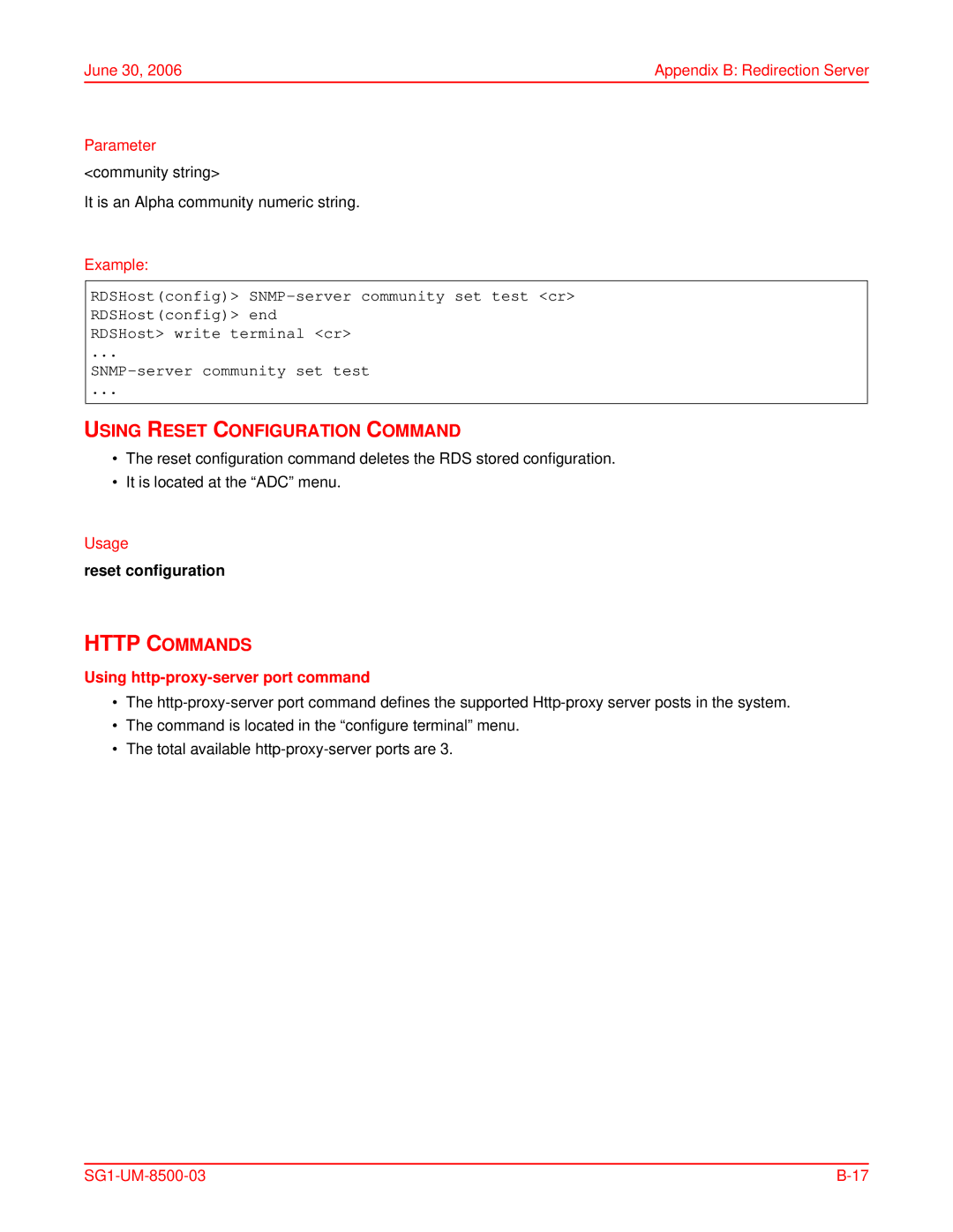 ADC SG-1 user manual Using Reset Configuration Command, Http Commands, June 30 Appendix B Redirection Server Parameter 