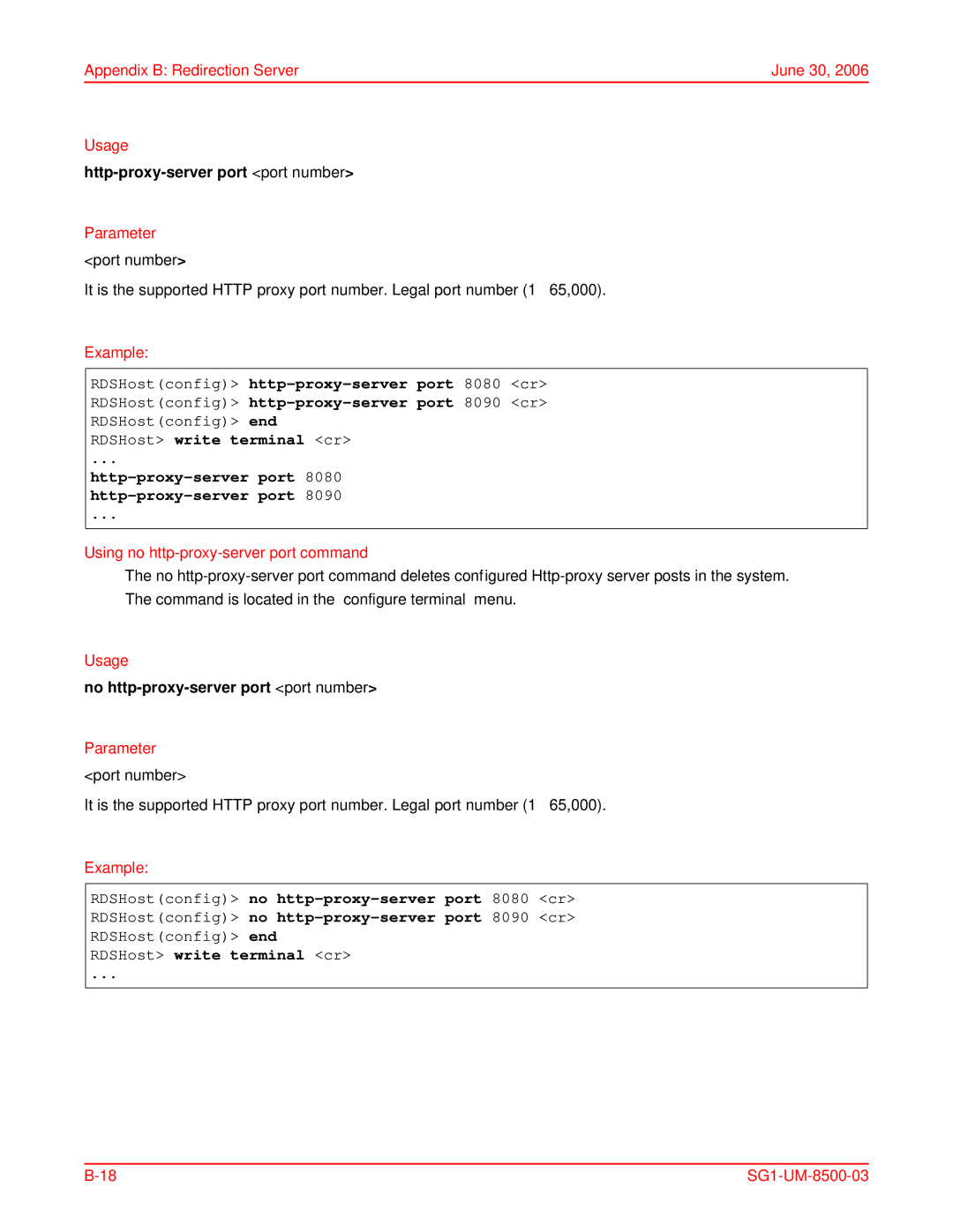 ADC SG-1 user manual Http-proxy-server port port number, Parameter port number, Using no http-proxy-server port command 