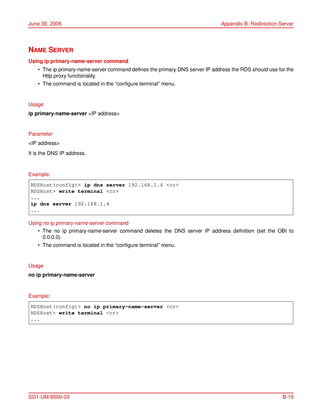 ADC SG-1 Name Server, Using ip primary-name-server command, Ip primary-name-server IP address, No ip primary-name-server 