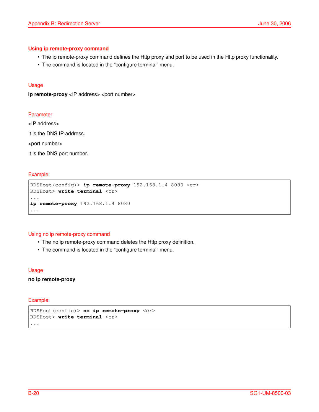 ADC SG-1 Using ip remote-proxy command, RDSHostconfig ip remote-proxy192.168.1.4 8080 cr, Using no ip remote-proxy command 