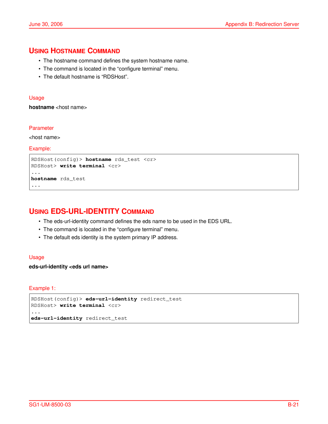 ADC SG-1 user manual Using Hostname Command, RDSHostconfig hostname rdstest cr RDSHost write terminal cr, Hostname rdstest 