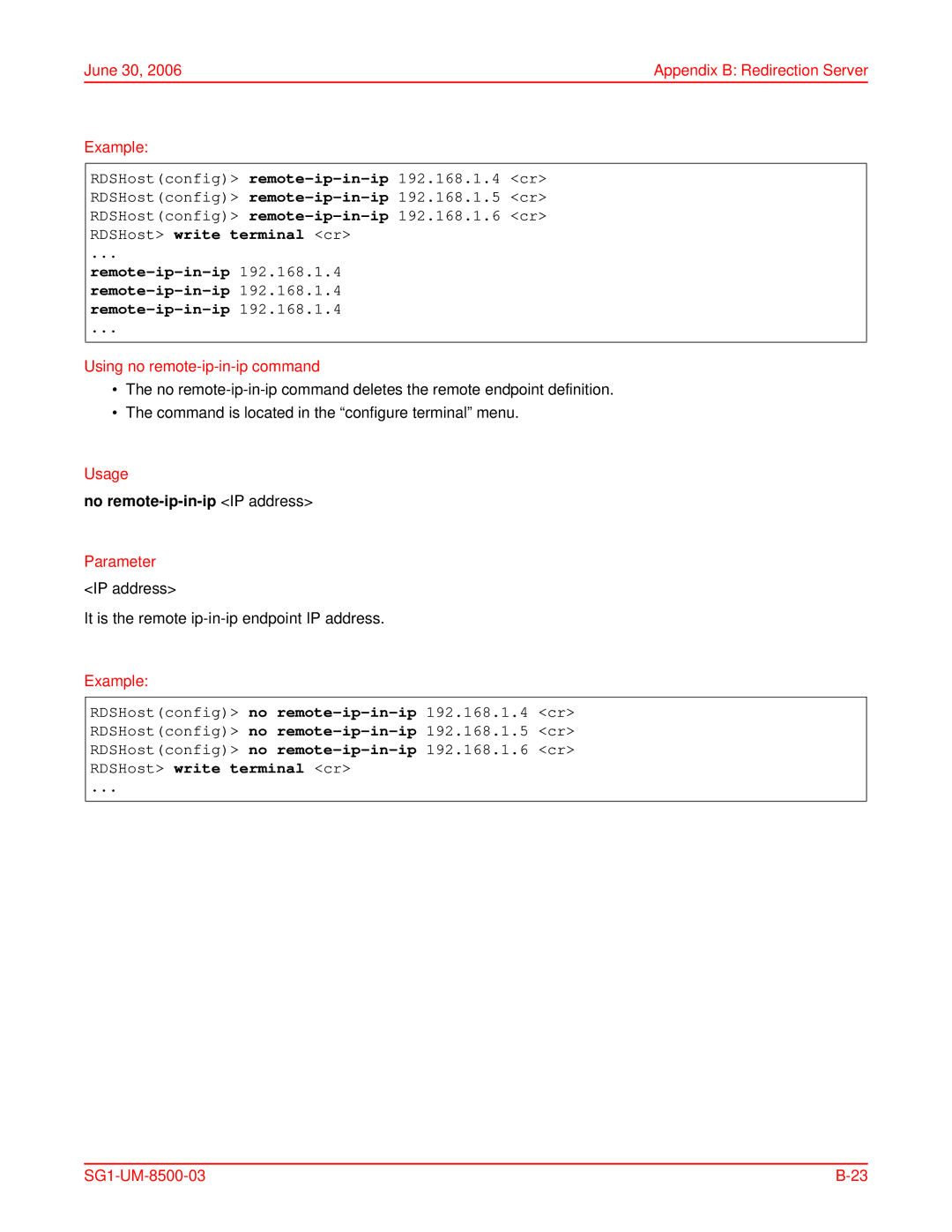 ADC SG-1 user manual Using no remote-ip-in-ip command, No remote-ip-in-ip IP address 