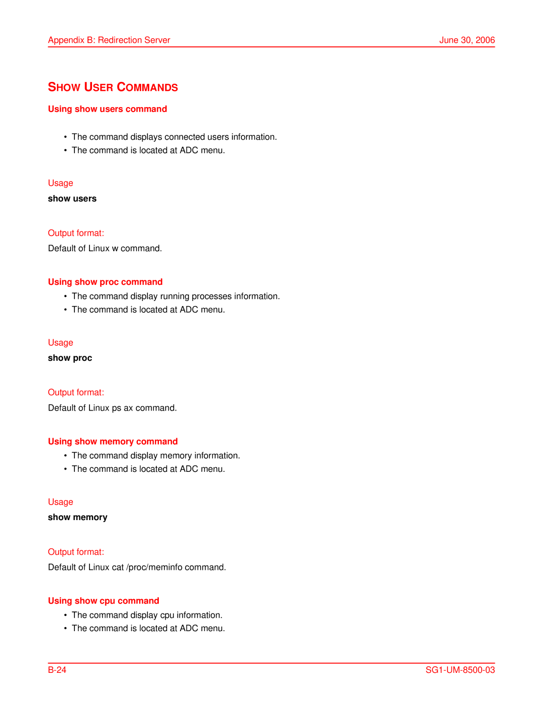 ADC SG-1 user manual Show User Commands, Using show users command, Using show proc command, Using show memory command 