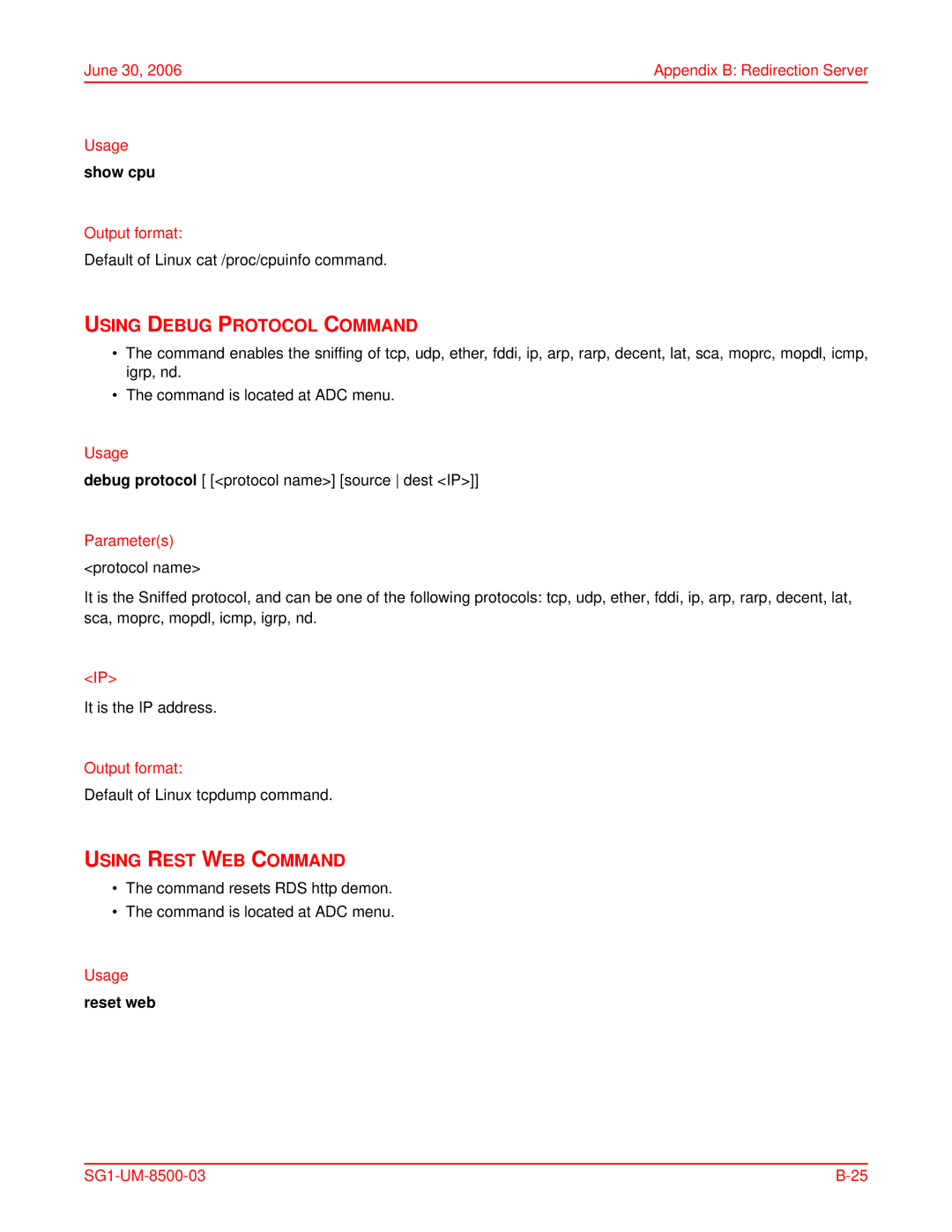 ADC SG-1 user manual Using Debug Protocol Command, Using Rest WEB Command, Show cpu, Parameters protocol name, Reset web 