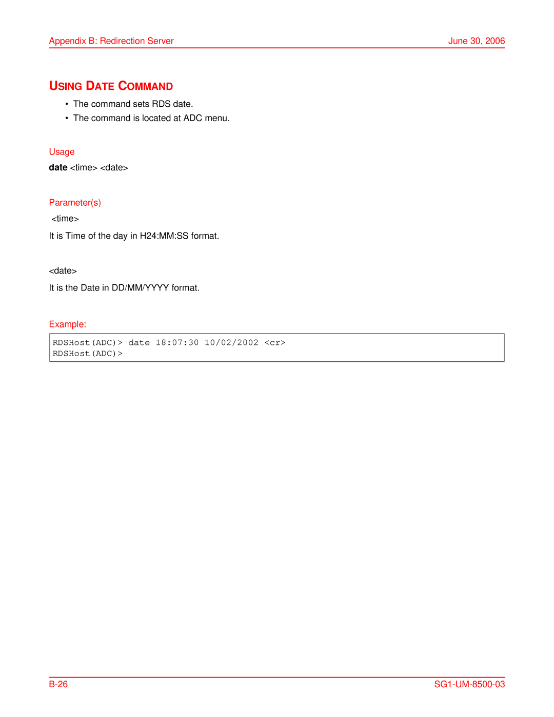 ADC SG-1 user manual Using Date Command, RDSHostADC date 180730 10/02/2002 cr 