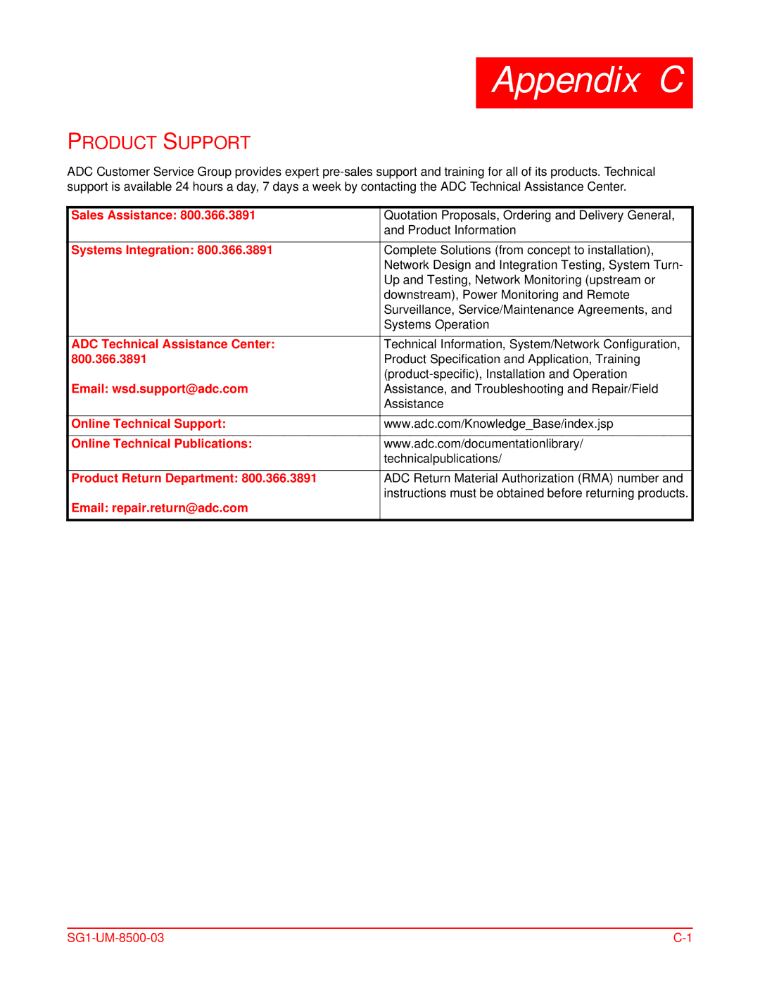 ADC SG-1 Sales Assistance, Systems Integration, ADC Technical Assistance Center, 800.366.3891, Email wsd.support@adc.com 