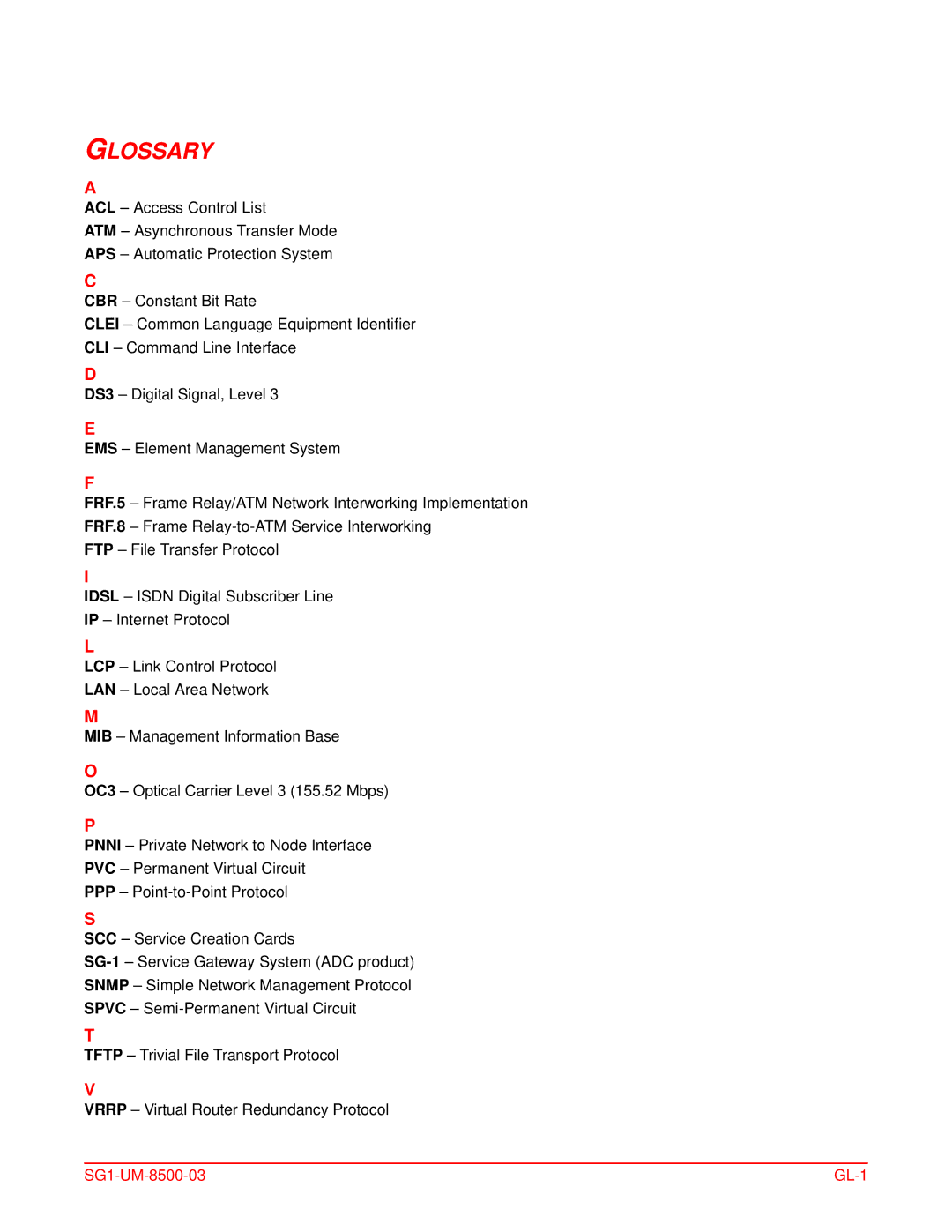 ADC SG-1 user manual Glossary, SG1-UM-8500-03 GL-1 