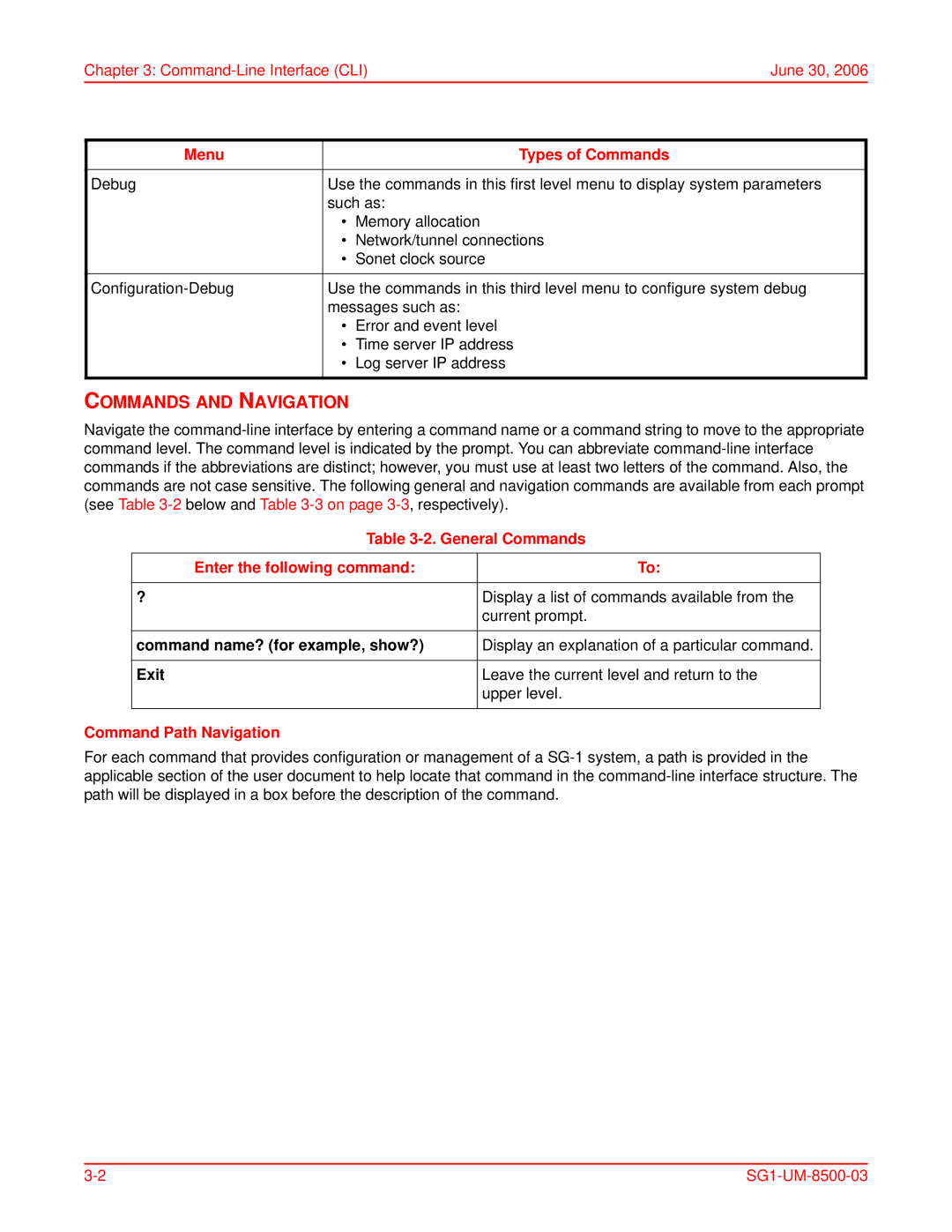 ADC SG-1 user manual Commands and Navigation, Menu Types of Commands, General Commands Enter the following command 