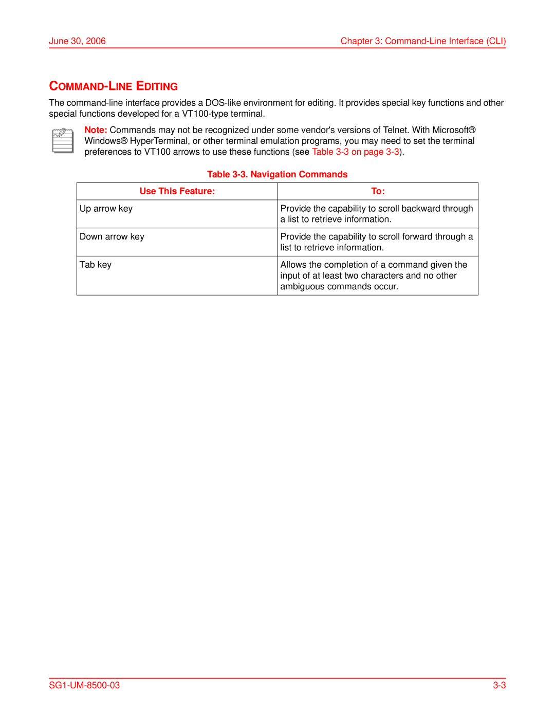 ADC SG-1 user manual COMMAND-LINE Editing, June 30 Command-Line Interface CLI, Navigation Commands Use This Feature 