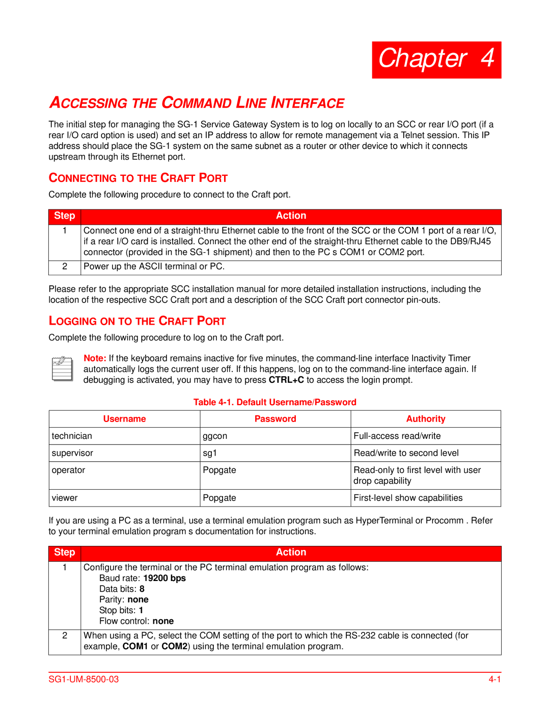 ADC SG-1 user manual Connecting to the Craft Port, Logging on to the Craft Port, Default Username/Password Authority 