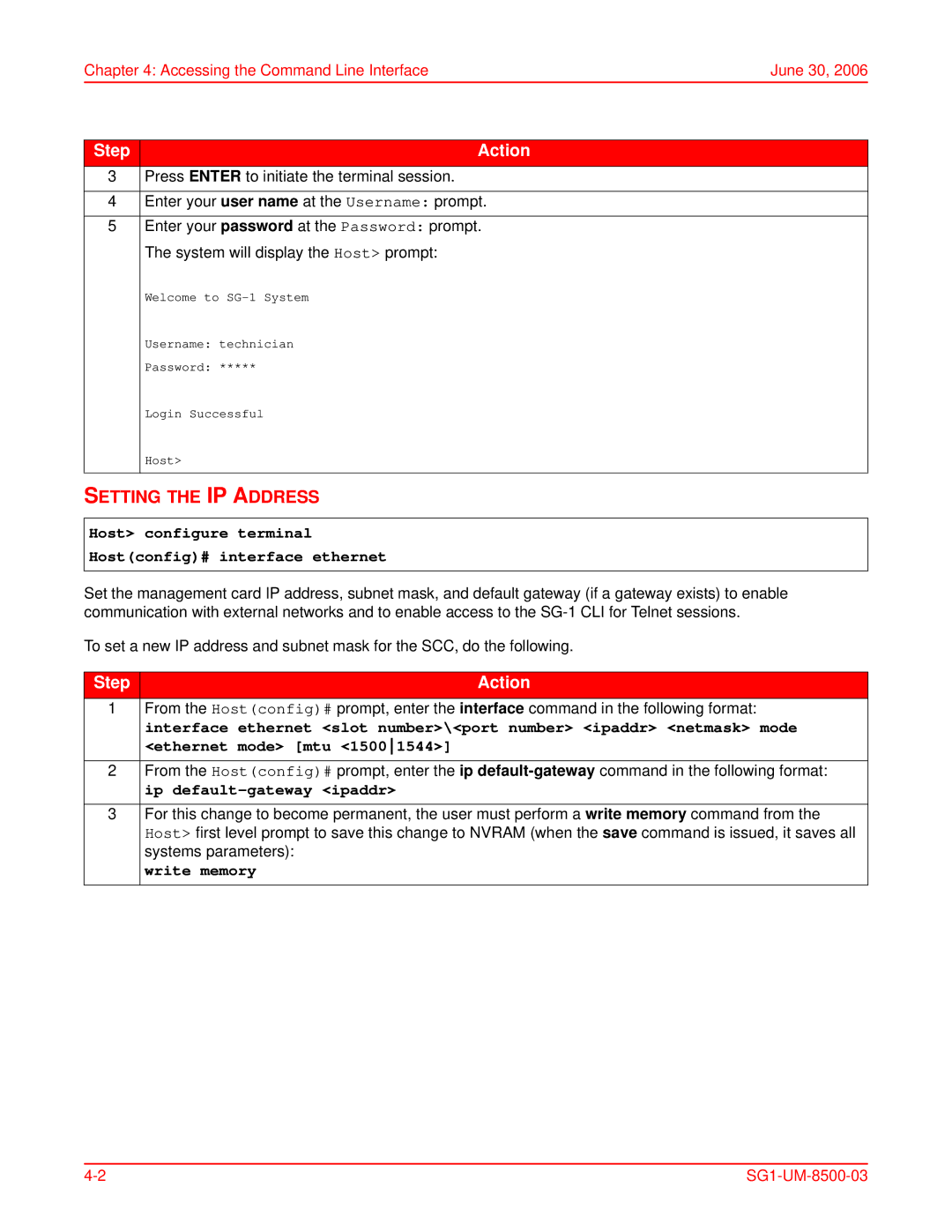 ADC SG-1 user manual Setting the IP Address, Accessing the Command Line Interface June 30, Write memory 