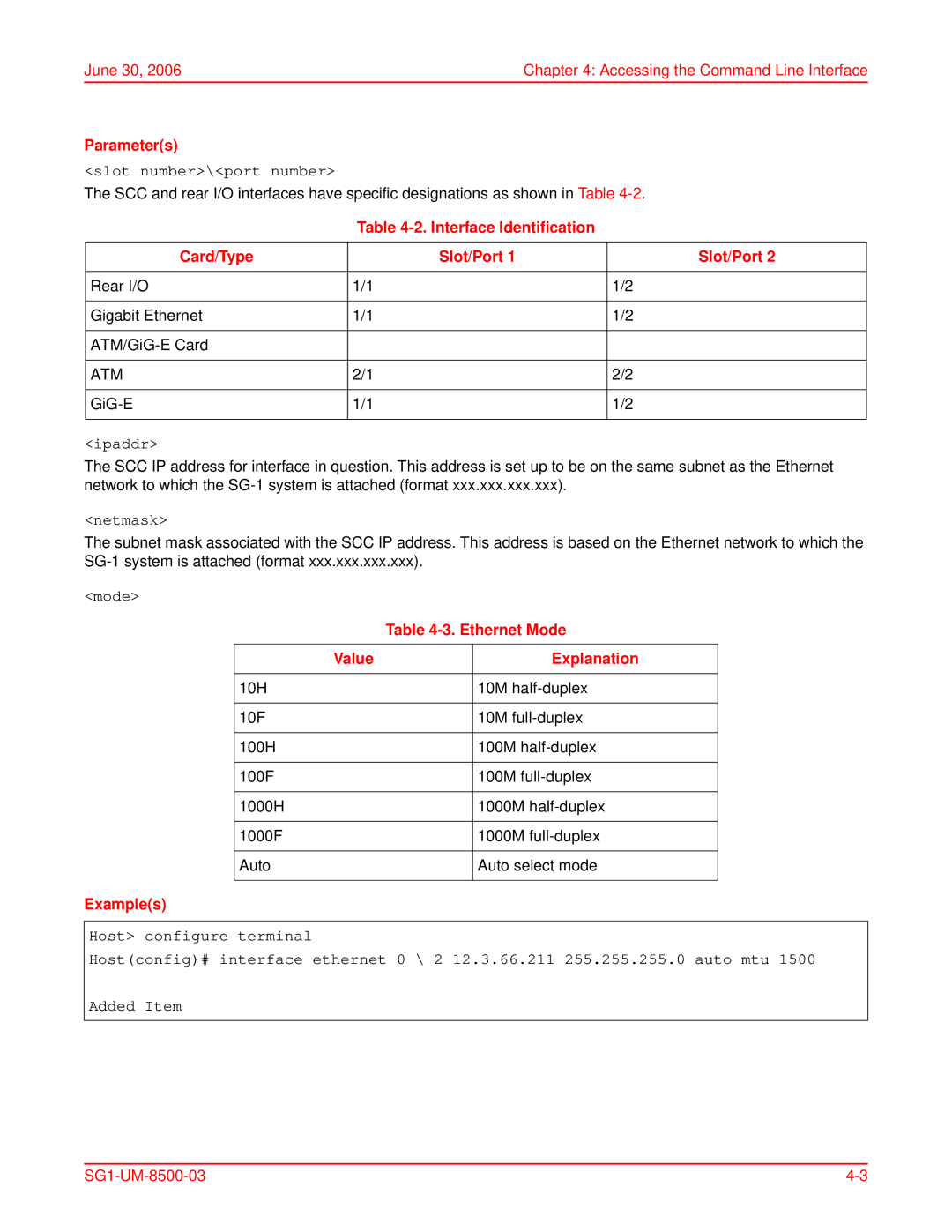 ADC SG-1 user manual Parameters, Interface Identification Card/Type Slot/Port, Ethernet Mode, Value Explanation, Examples 