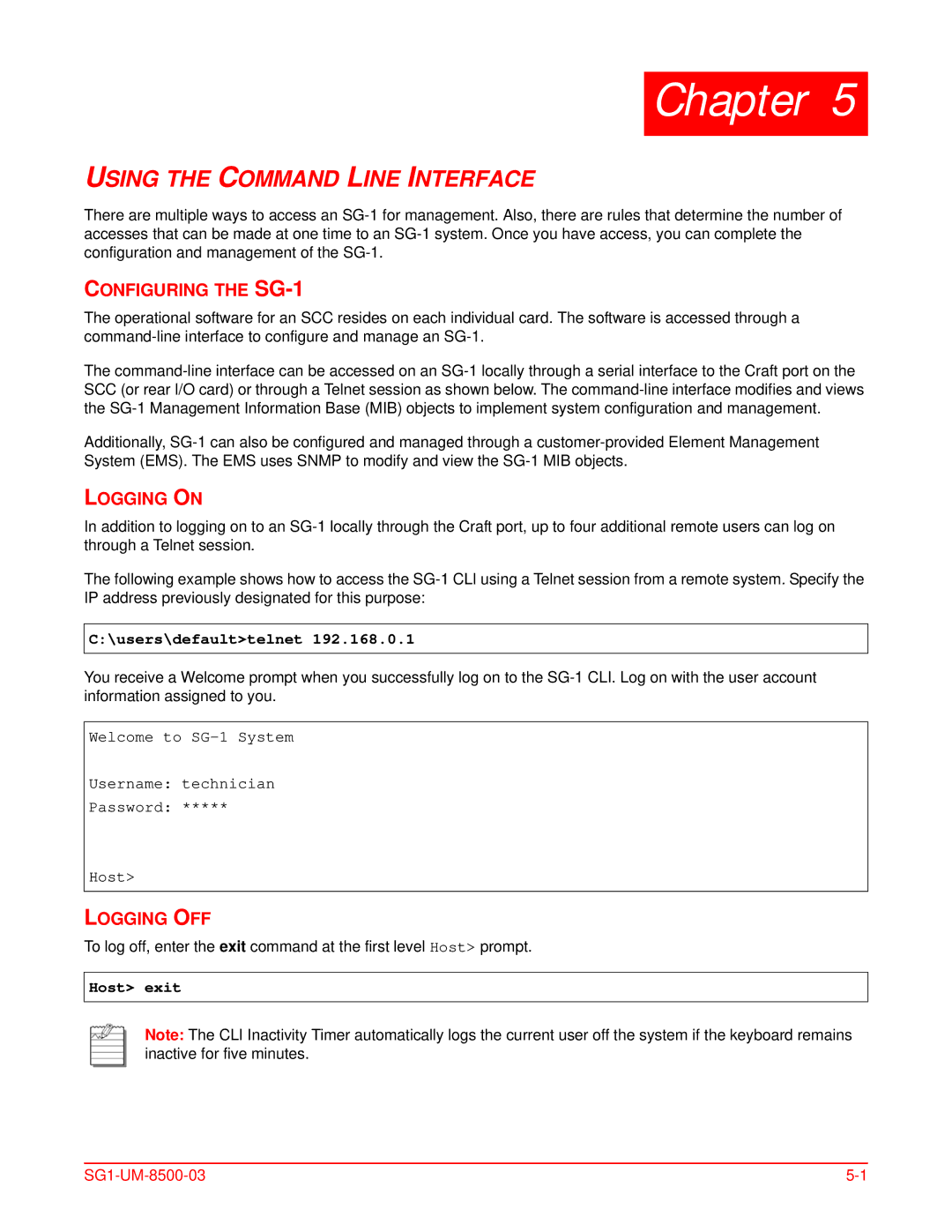 ADC user manual Configuring the SG-1, Logging on, Logging OFF, users\defaulttelnet, Host exit 