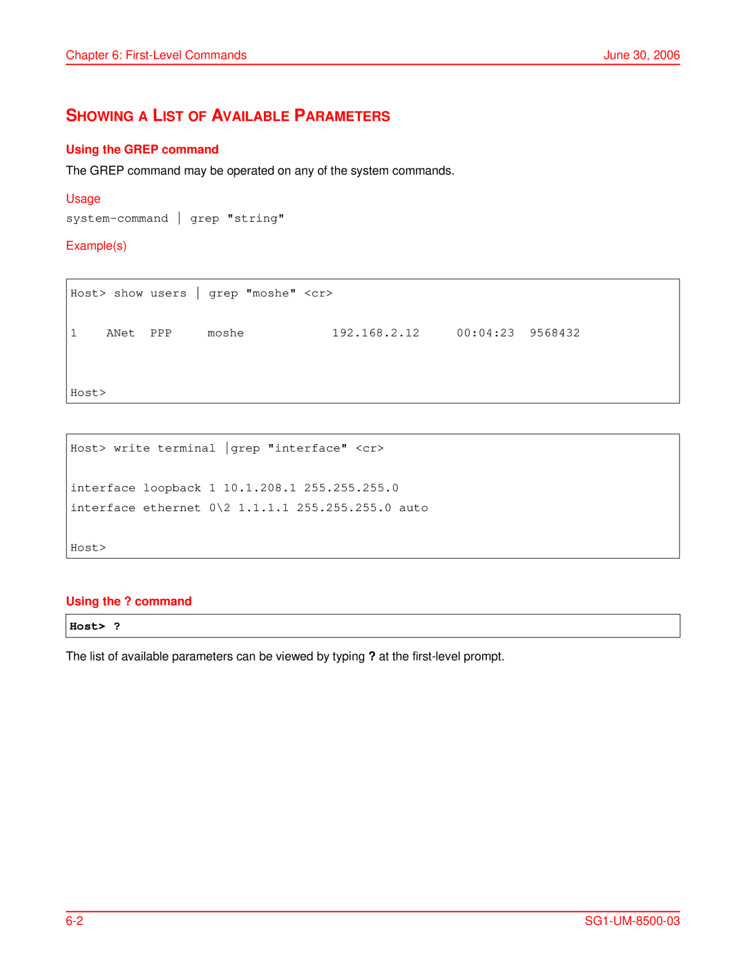 ADC SG-1 Showing a List of Available Parameters, Using the Grep command, System-command grep string, Using the ? command 