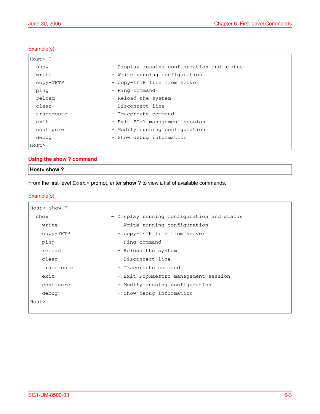 ADC SG-1 user manual June 30 First-Level Commands Examples, Using the show ? command, Host show ? 