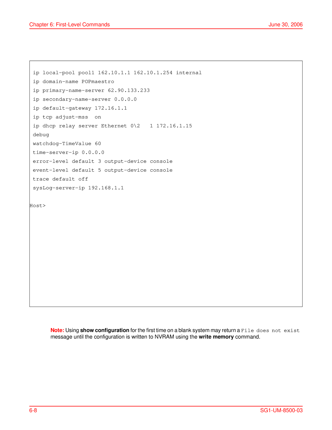 ADC SG-1 user manual Ip local-pool pool1 162.10.1.1 162.10.1.254 internal, Ip domain-name POPmaestro 