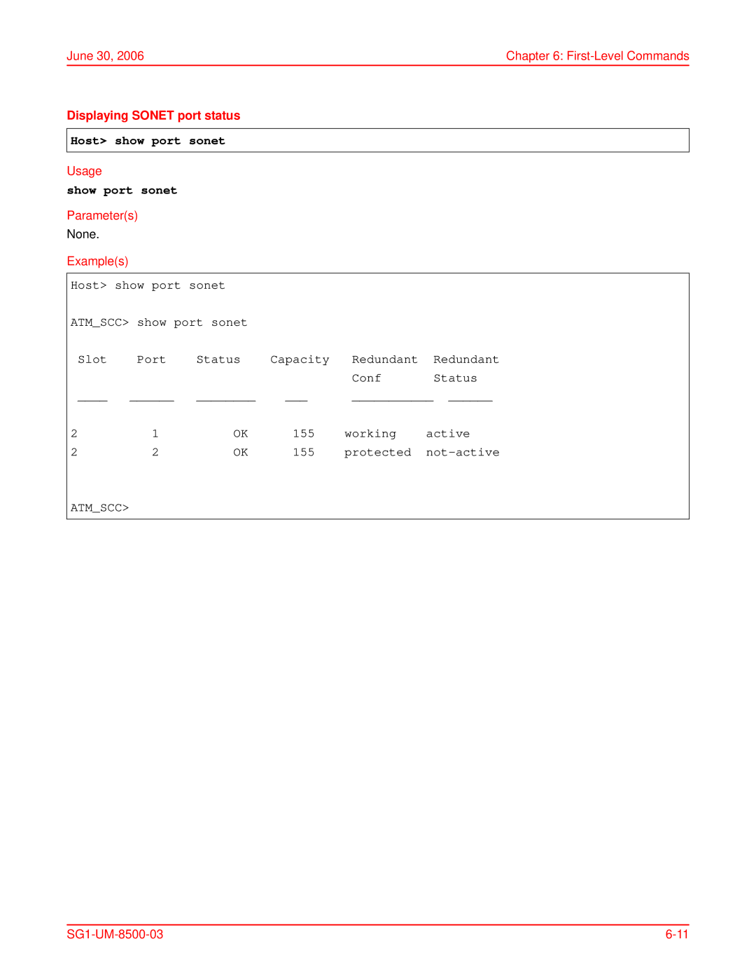 ADC SG-1 user manual Displaying Sonet port status, Host show port sonet, Show port sonet 