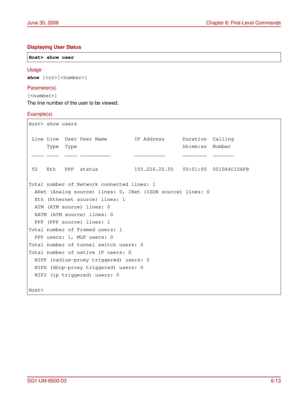 ADC SG-1 user manual Displaying User Status, Host show user, Show crnumber, Number, ATM source lines 