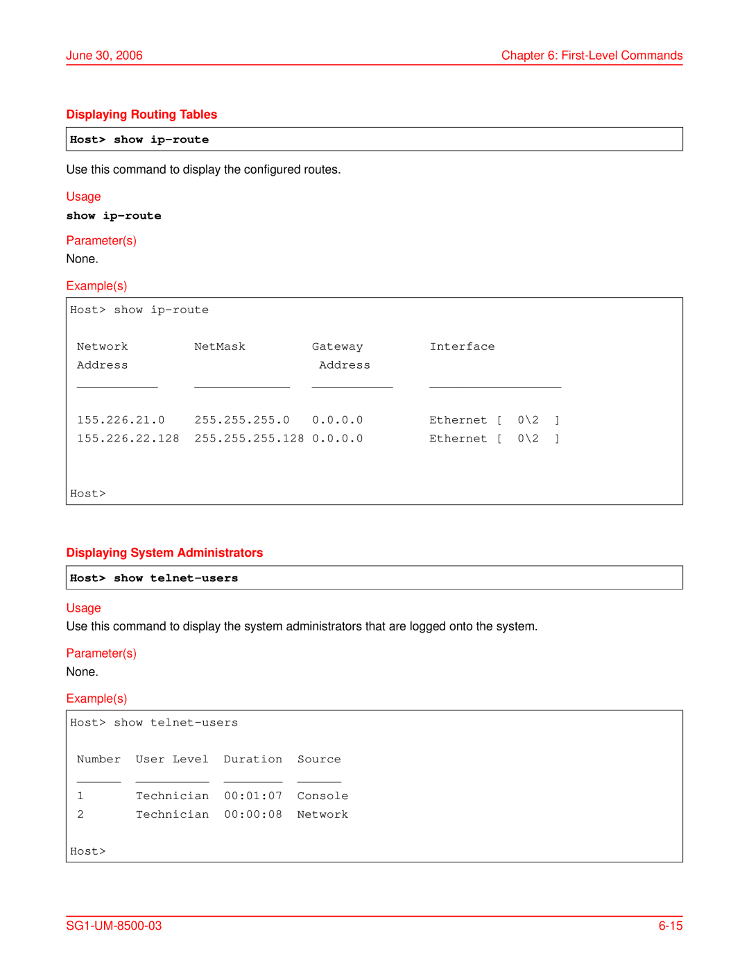 ADC SG-1 user manual Displaying Routing Tables, Host show ip-route, Show ip-route, Displaying System Administrators 